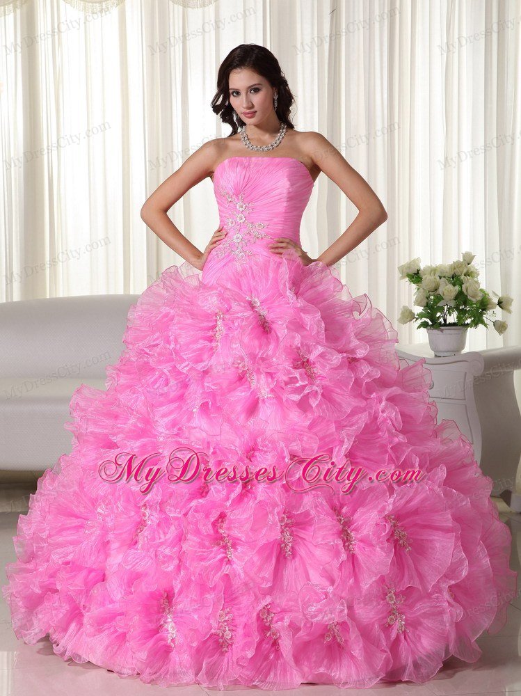 Rose Pink Ruches Ruffles Dress for Sweet 16 with Appliques