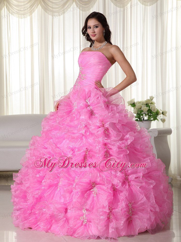 Rose Pink Ruches Ruffles Dress for Sweet 16 with Appliques