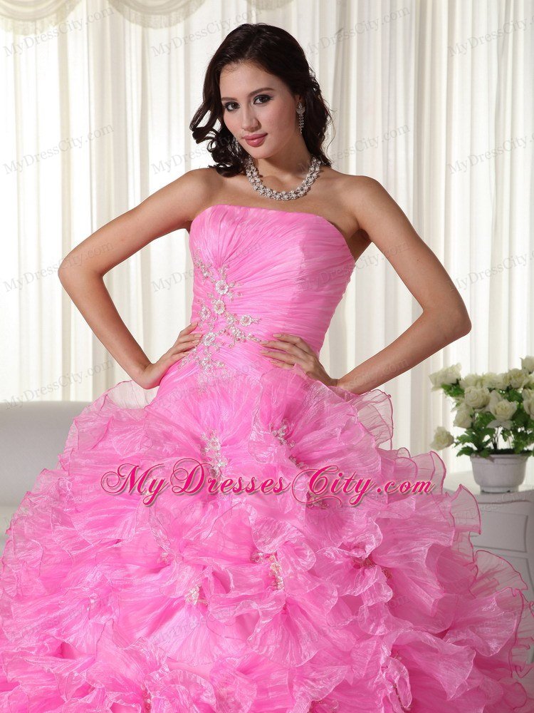 Rose Pink Ruches Ruffles Dress for Sweet 16 with Appliques