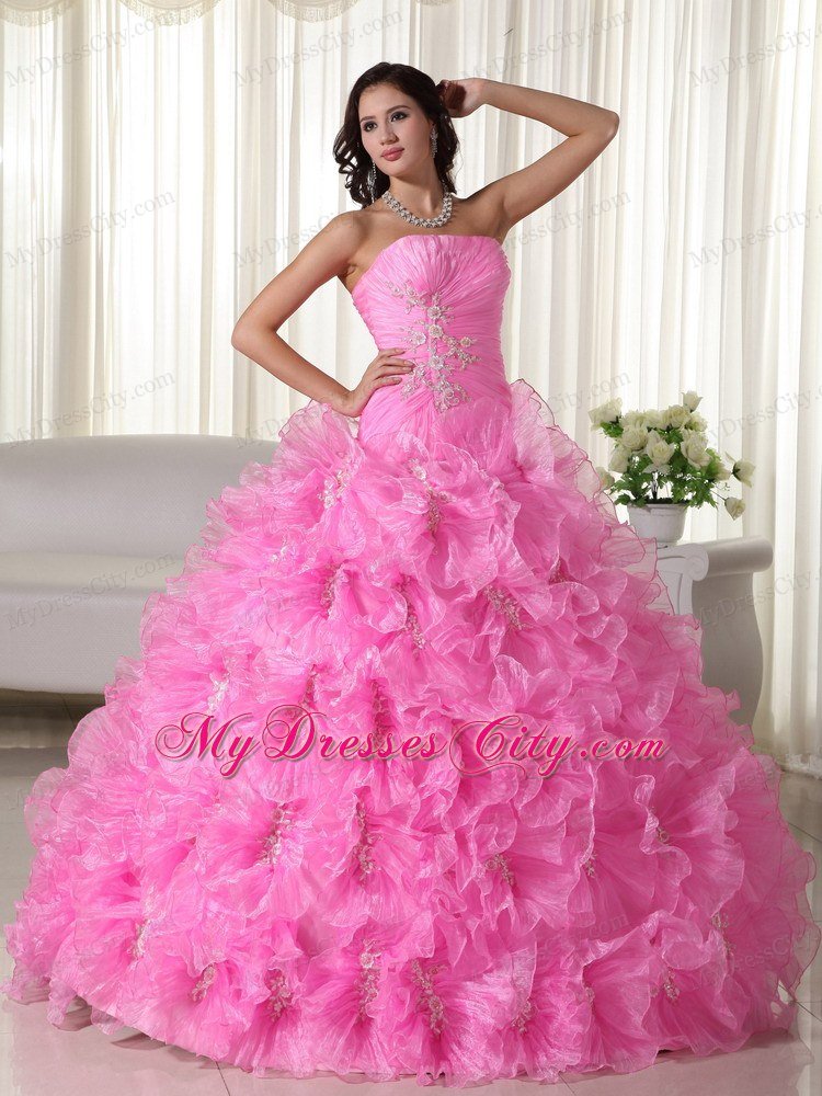 Rose Pink Ruches Ruffles Dress for Sweet 16 with Appliques