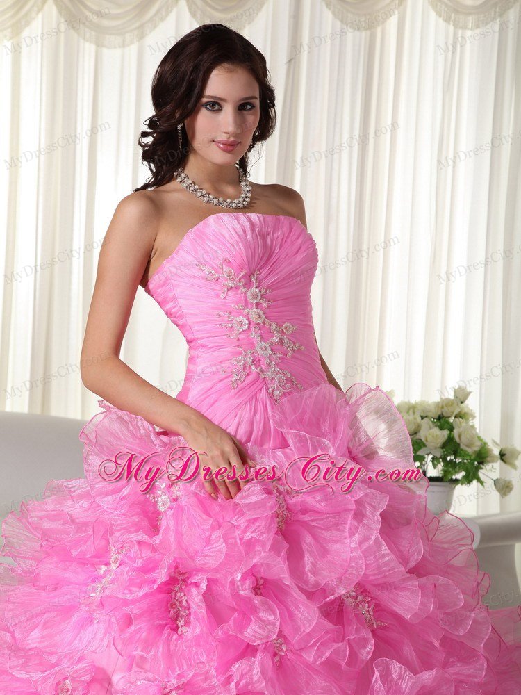 Rose Pink Ruches Ruffles Dress for Sweet 16 with Appliques