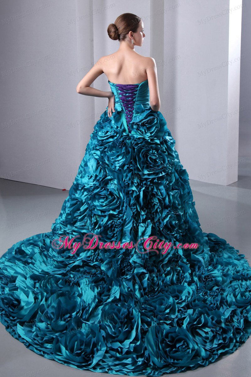 Teal A-Line Princess Sweetheart Hand Made Flowers Quinceanea Dress