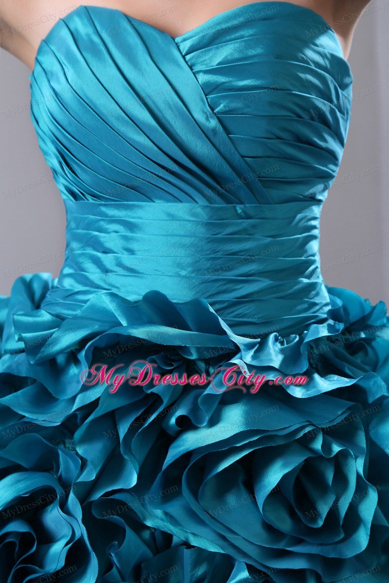 Teal A-Line Princess Sweetheart Hand Made Flowers Quinceanea Dress