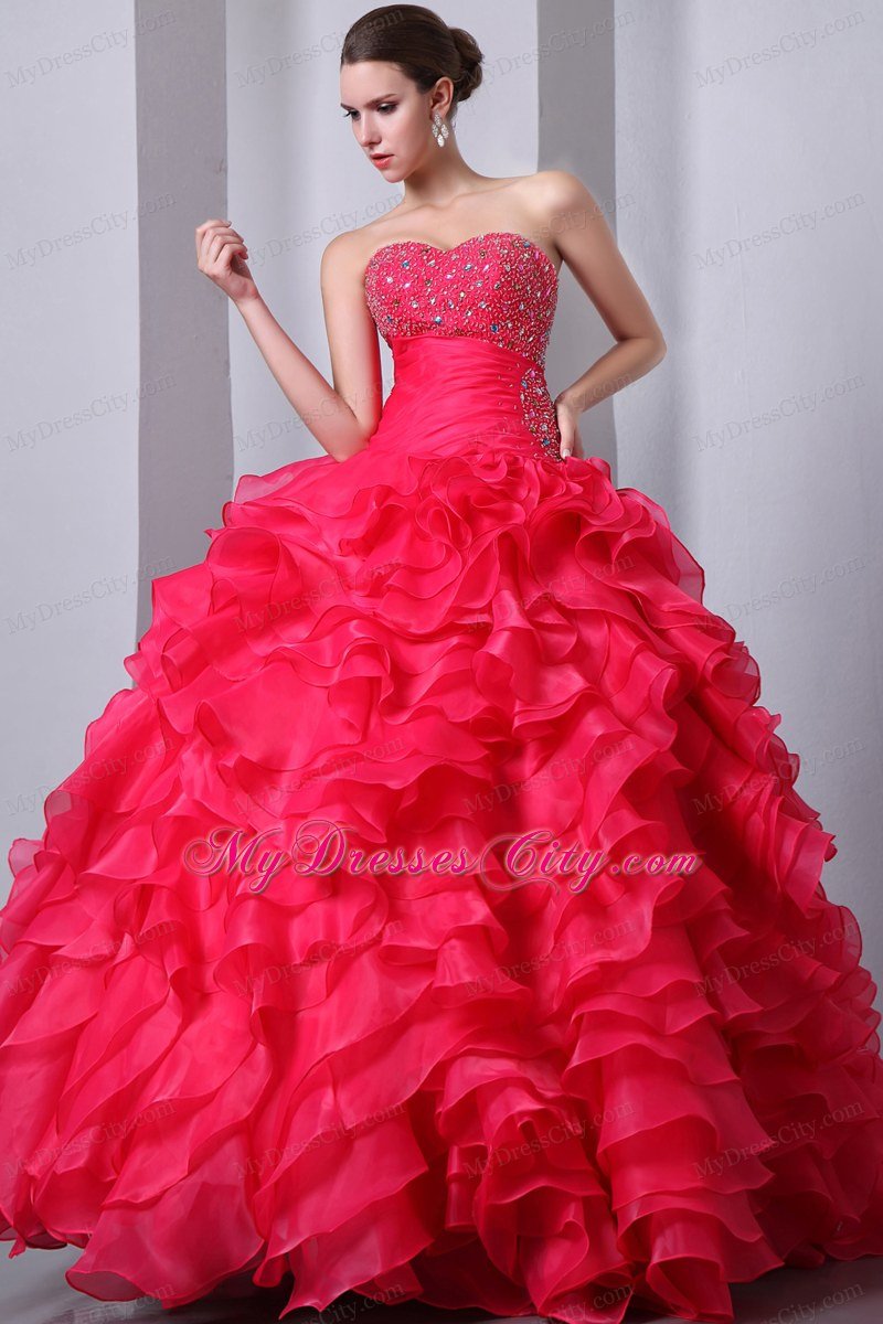 Coral Red Sweetheart Organza Ruffles Quinceanea Dress 2013