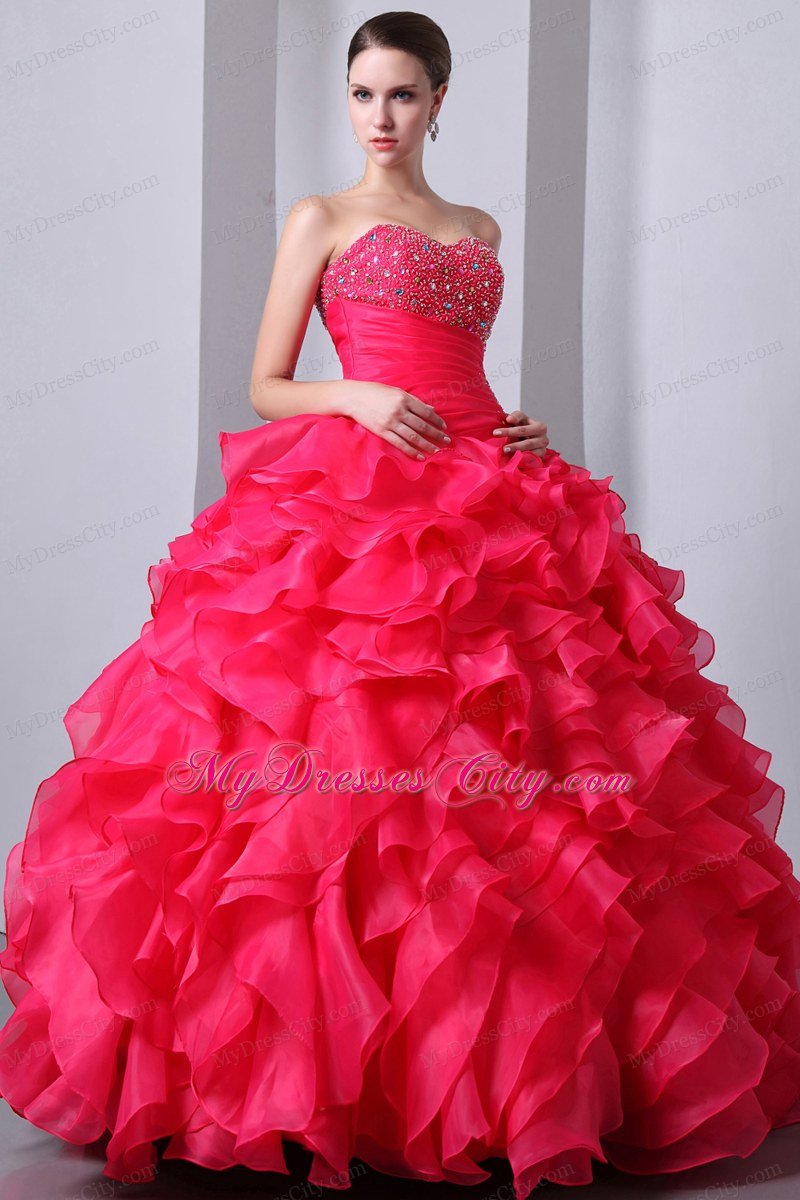 Coral Red Sweetheart Organza Ruffles Quinceanea Dress 2013