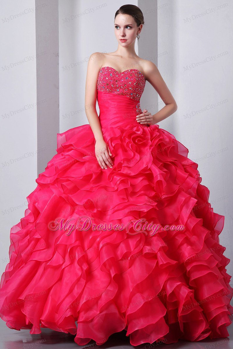 Coral Red Sweetheart Organza Ruffles Quinceanea Dress 2013