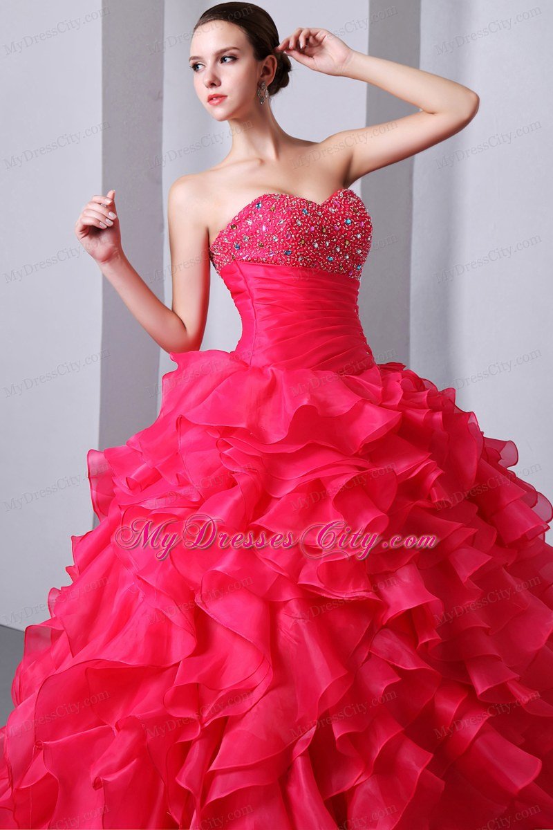 Coral Red Sweetheart Organza Ruffles Quinceanea Dress 2013