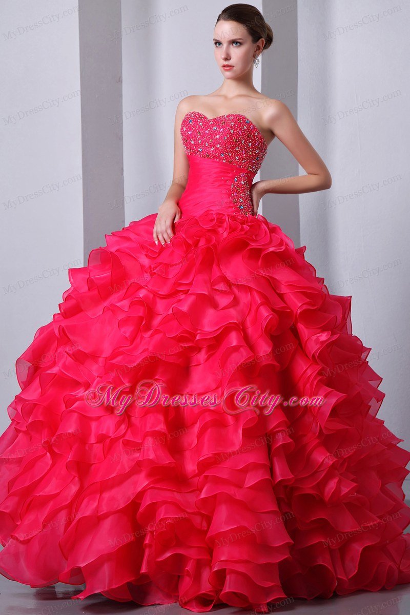 Coral Red Sweetheart Organza Ruffles Quinceanea Dress 2013