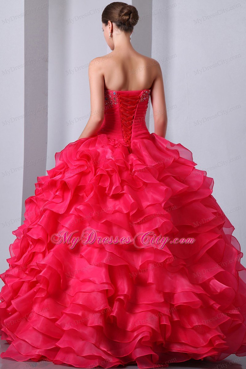 Coral Red Sweetheart Organza Ruffles Quinceanea Dress 2013