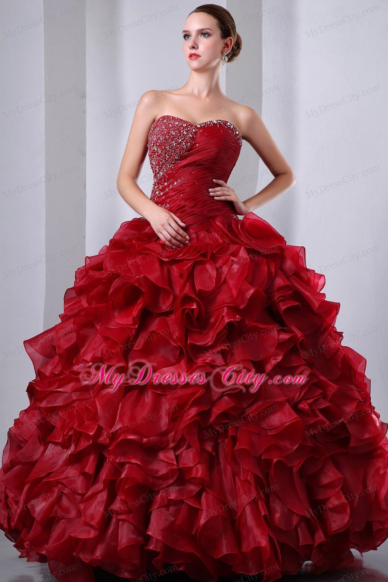 Luxurious Wine Red Ruffles Quinceanera Dress with Beading