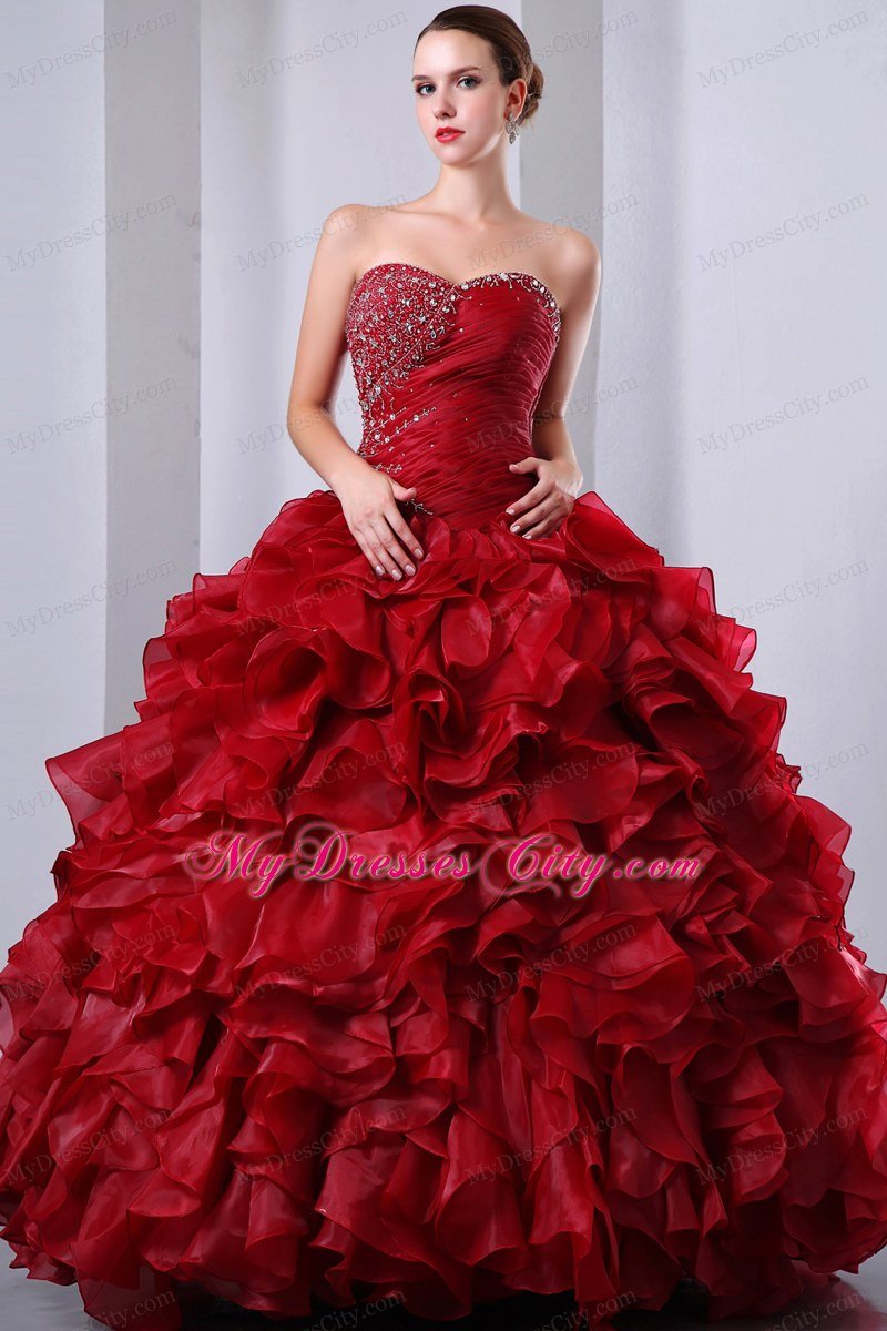 Luxurious Wine Red Ruffles Quinceanera Dress with Beading