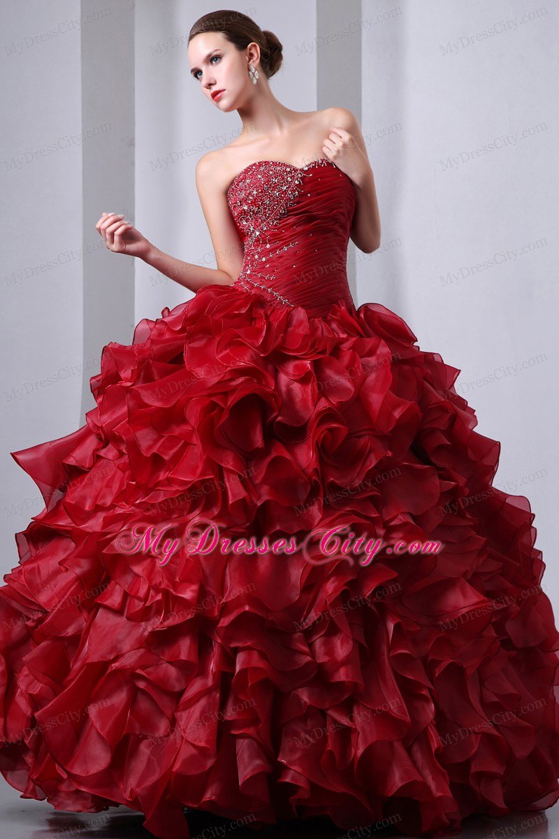 Luxurious Wine Red Ruffles Quinceanera Dress with Beading