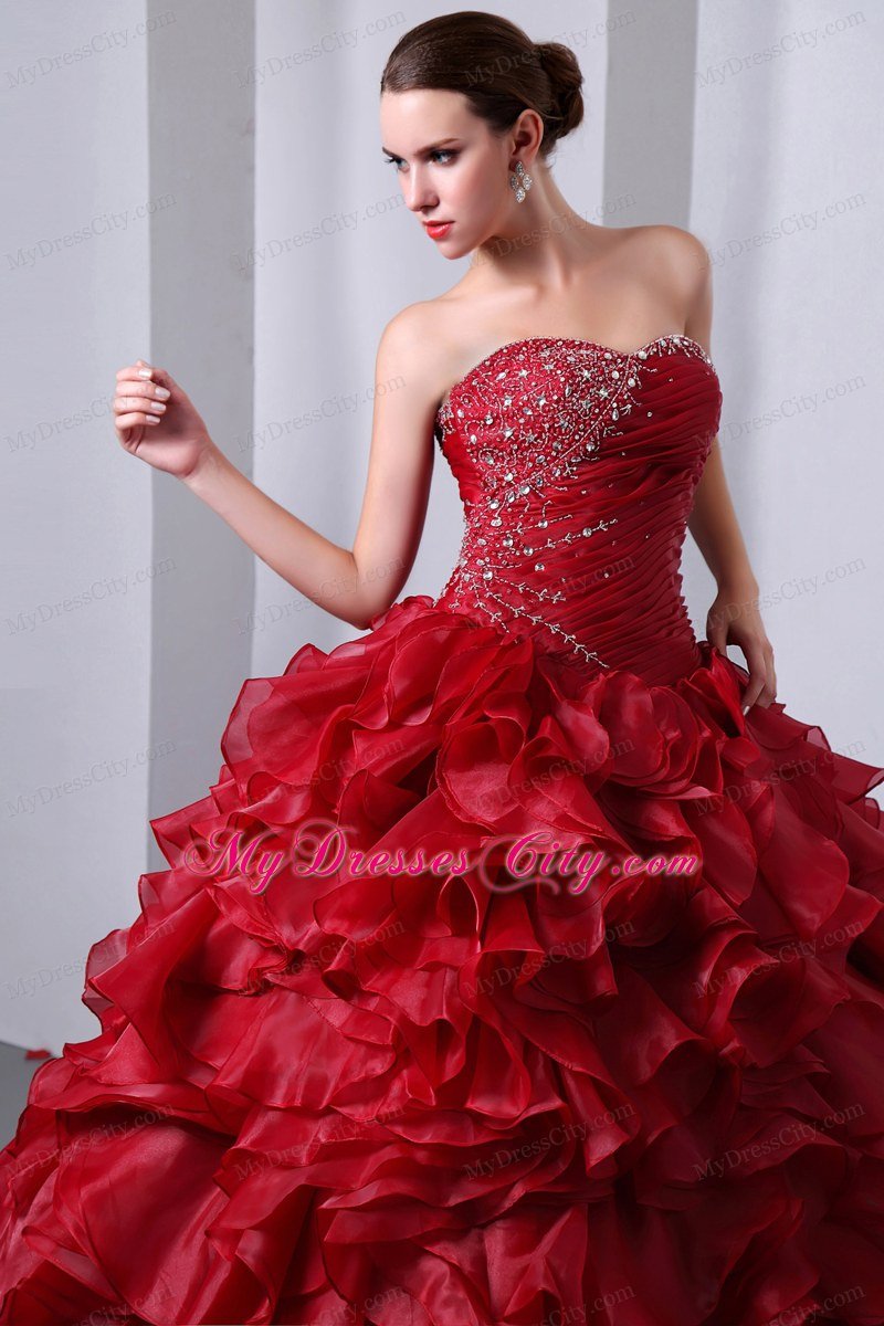 Luxurious Wine Red Ruffles Quinceanera Dress with Beading