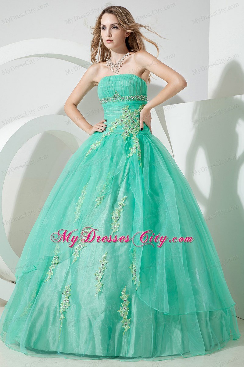 Apple Green Organza Ruches and Appliques 2013 Sweet 15 Dress