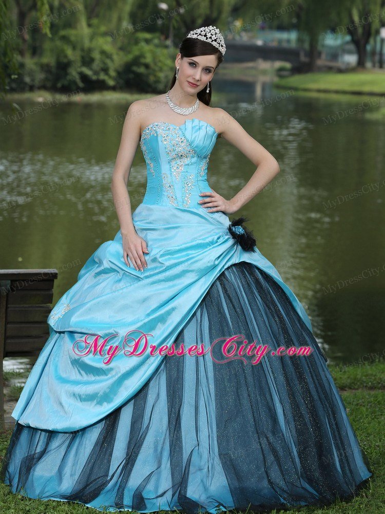 Aqua Blue Taffeta 2013 Quinceanera Dress with Appliques and Pick-ups