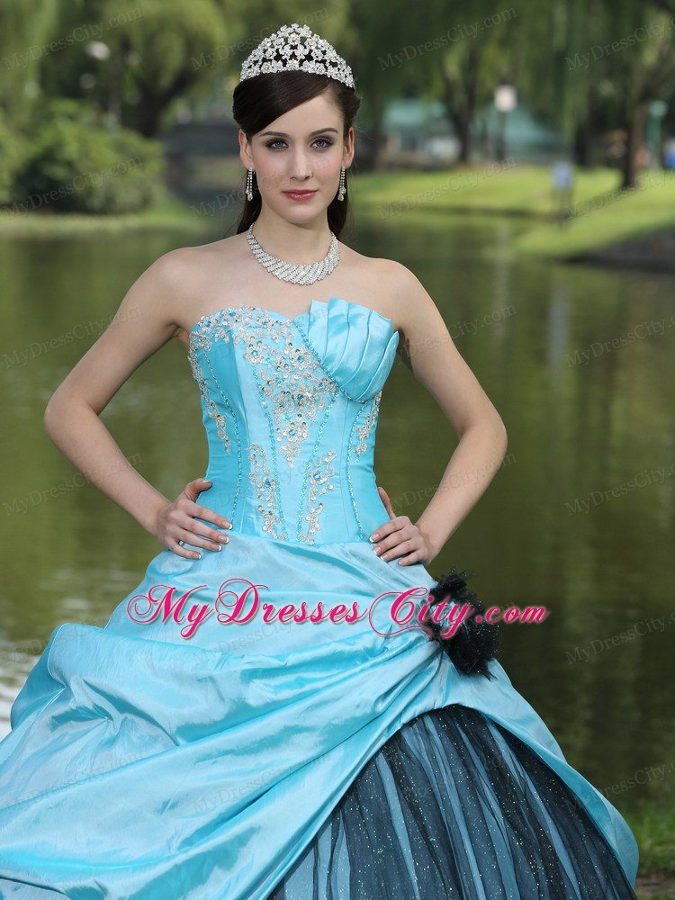 Aqua Blue Taffeta 2013 Quinceanera Dress with Appliques and Pick-ups