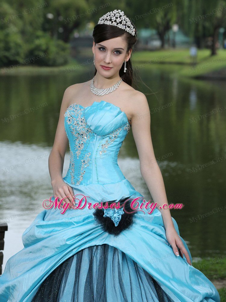 Aqua Blue Taffeta 2013 Quinceanera Dress with Appliques and Pick-ups