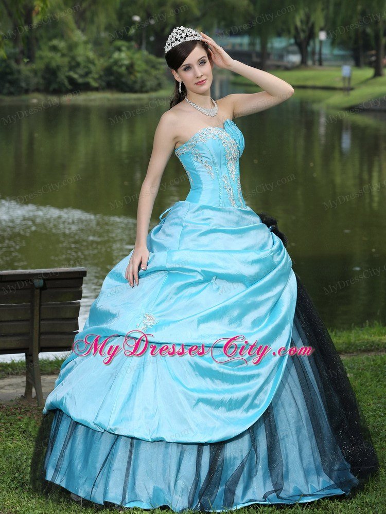 Aqua Blue Taffeta 2013 Quinceanera Dress with Appliques and Pick-ups