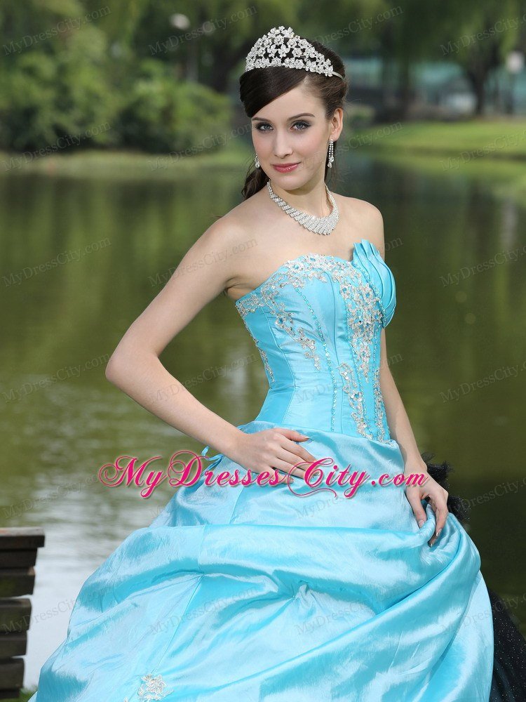 Aqua Blue Taffeta 2013 Quinceanera Dress with Appliques and Pick-ups