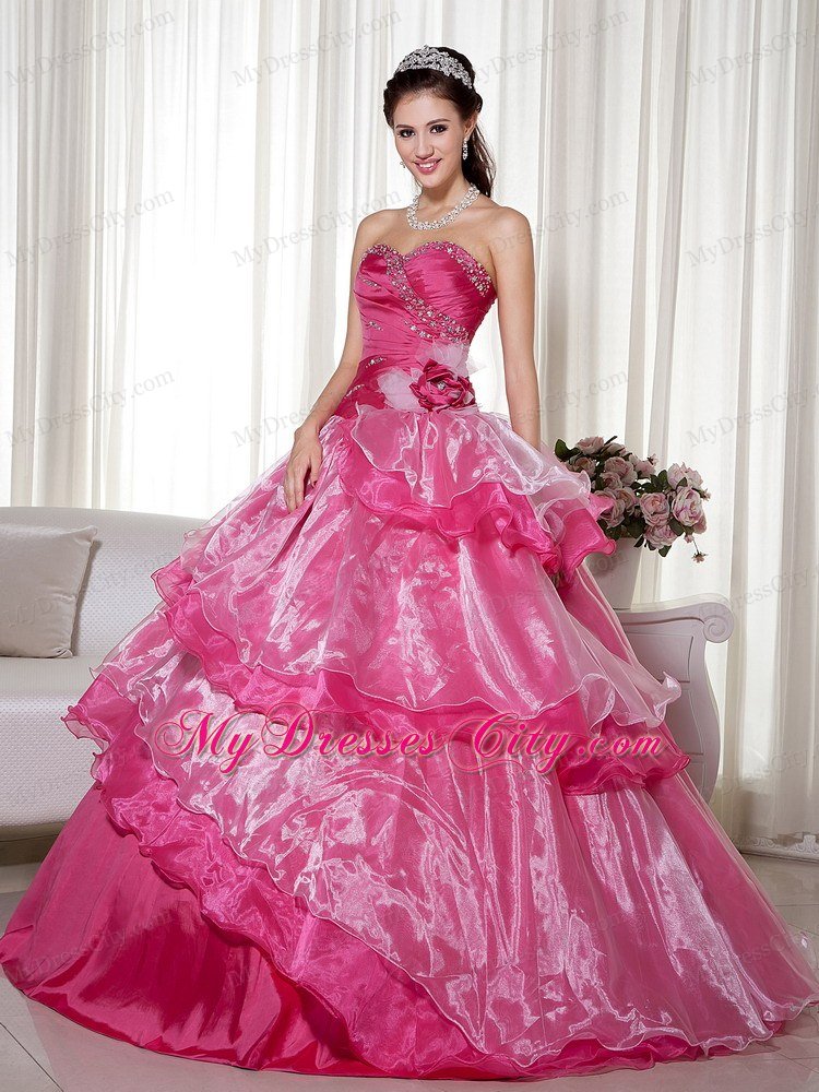 Hot Pink Sweetheart Beaded 2013 Ruffled Layers Quinceanera Dress 0664