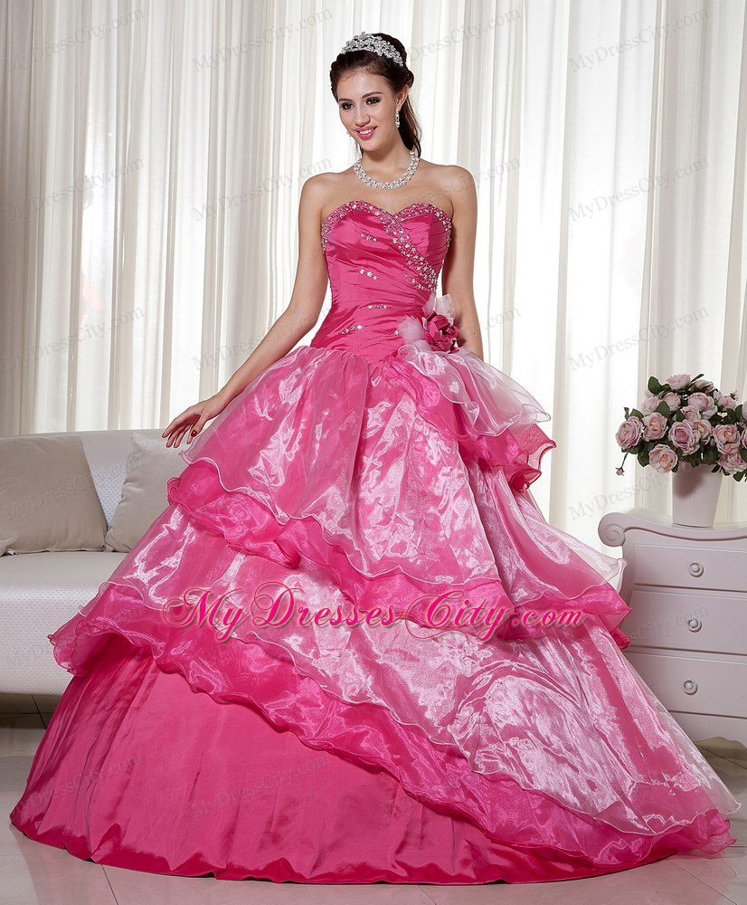 Hot Pink Sweetheart Beaded 2013 Ruffled Layers Quinceanera Dress