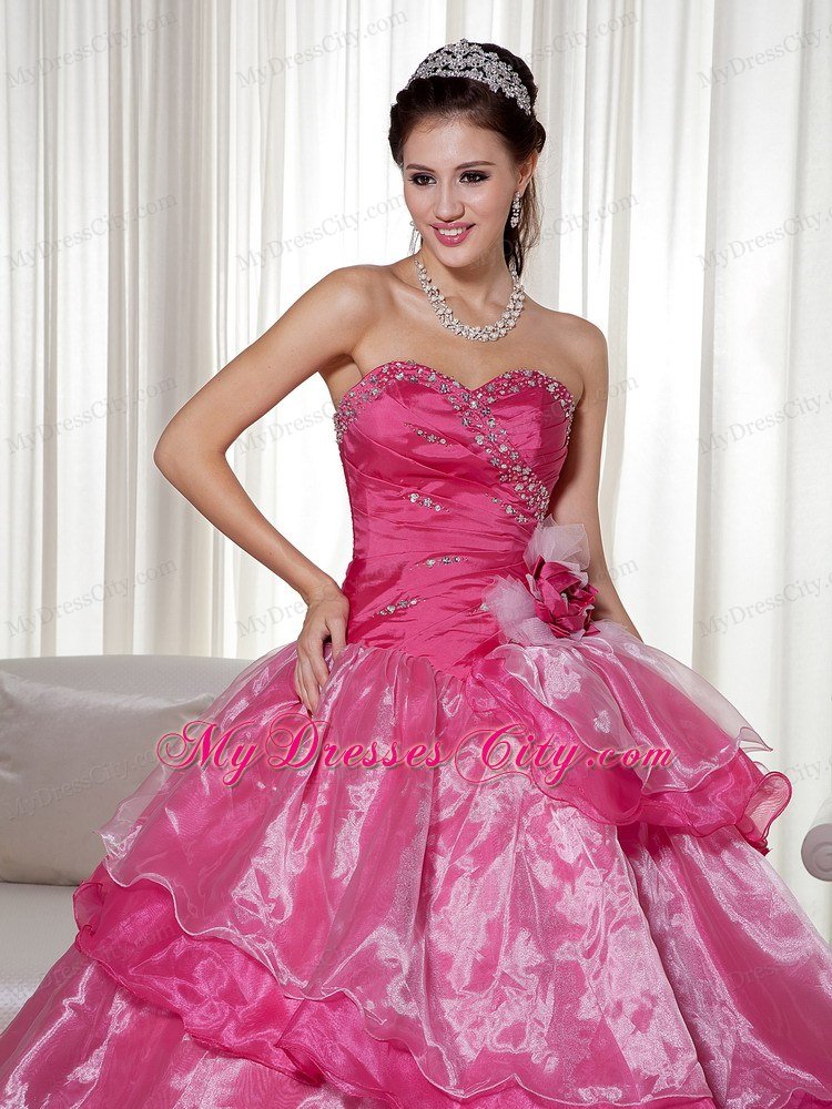 Hot Pink Sweetheart Beaded 2013 Ruffled Layers Quinceanera Dress