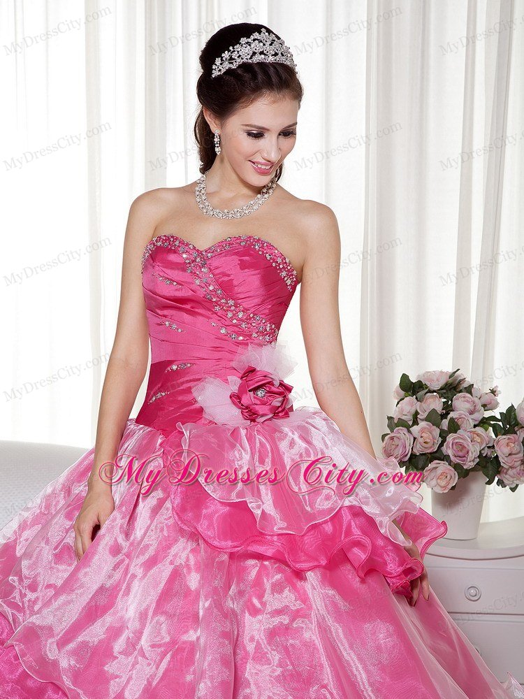 Hot Pink Sweetheart Beaded 2013 Ruffled Layers Quinceanera Dress