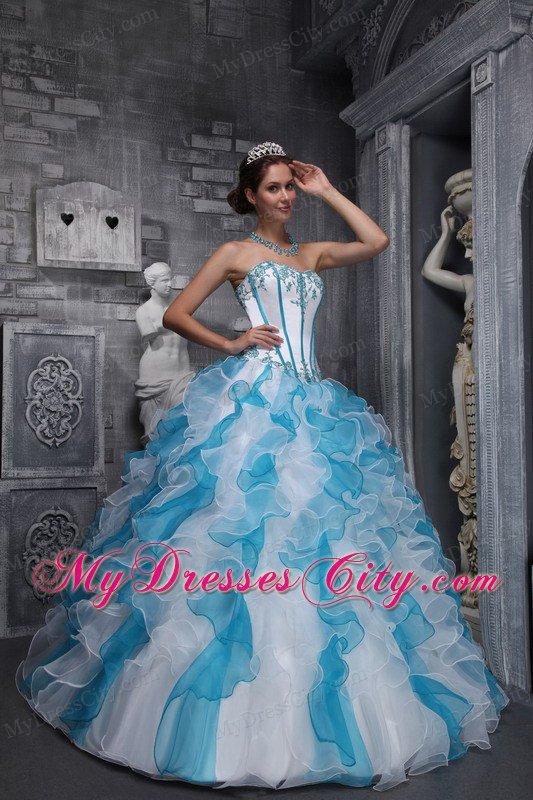 Red and Blue Organza Ruffled 2013 Dress For Quince with Appliques