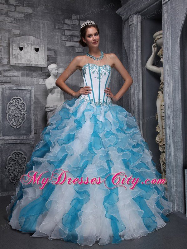 Red and Blue Organza Ruffled 2013 Dress For Quince with Appliques