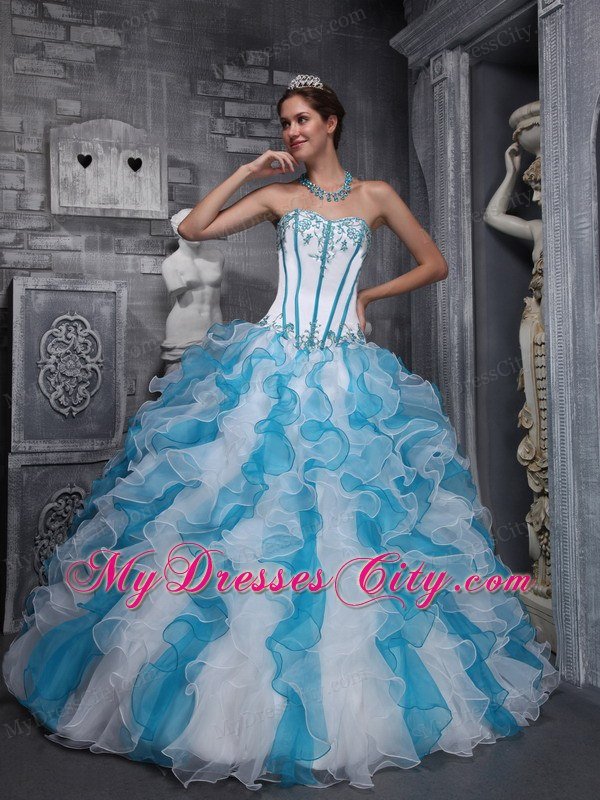 Red and Blue Organza Ruffled 2013 Dress For Quince with Appliques