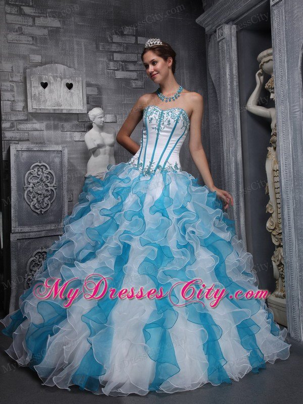 Red and Blue Organza Ruffled 2013 Dress For Quince with Appliques