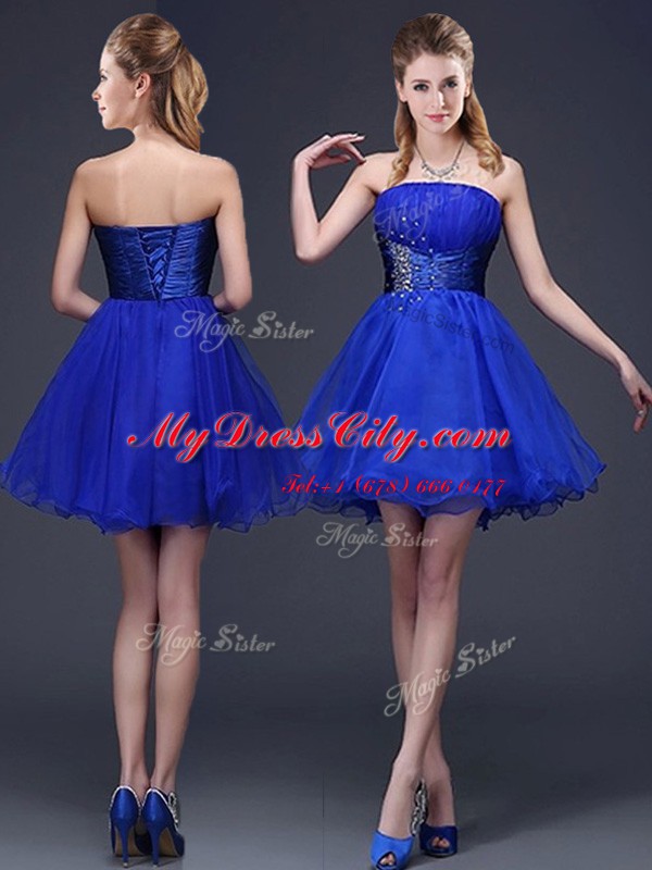 Low Price A-line Dama Dress Royal Blue Strapless Organza Sleeveless Mini Length Lace Up