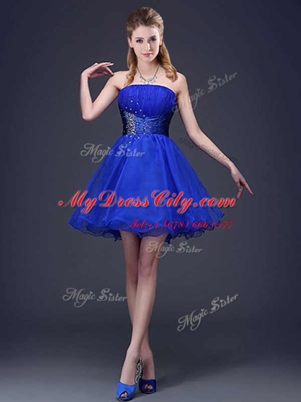 Low Price A-line Dama Dress Royal Blue Strapless Organza Sleeveless Mini Length Lace Up