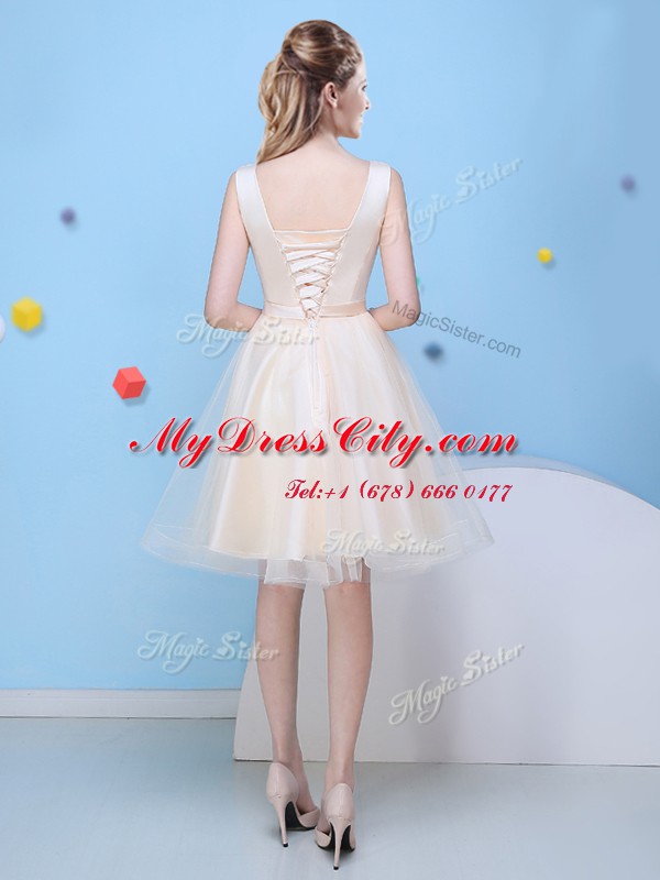 Scoop Bowknot Bridesmaid Gown Champagne Lace Up Sleeveless Knee Length