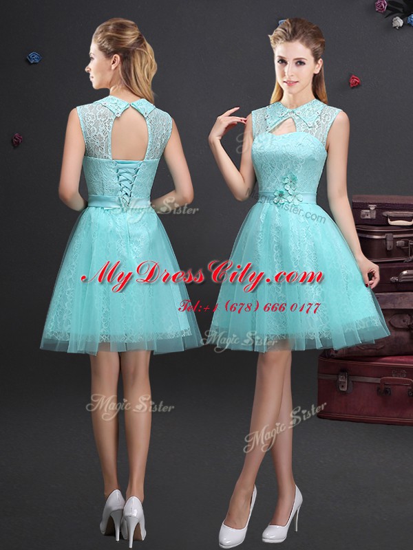 High End Aqua Blue A-line Tulle High-neck Sleeveless Lace and Appliques and Belt Mini Length Lace Up Bridesmaids Dress