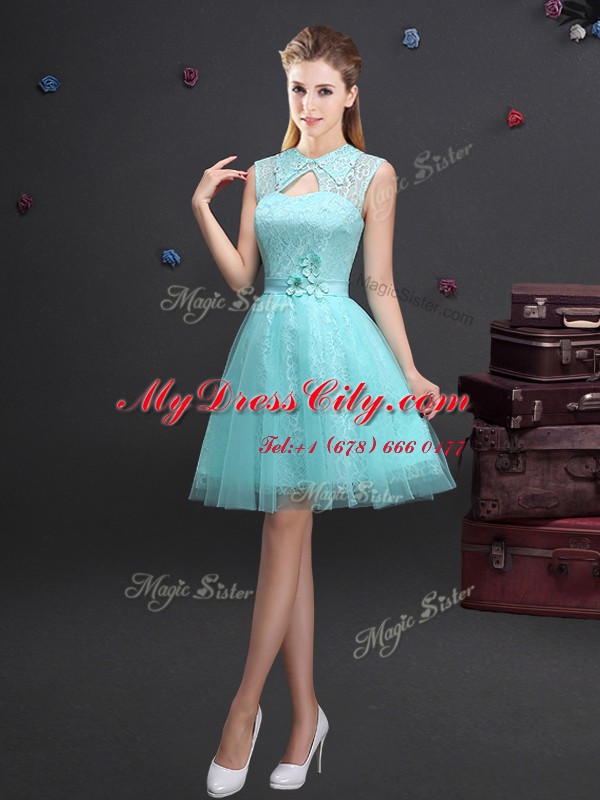 High End Aqua Blue A-line Tulle High-neck Sleeveless Lace and Appliques and Belt Mini Length Lace Up Bridesmaids Dress