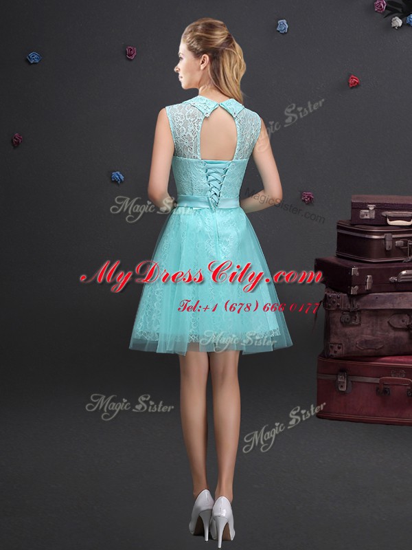 High End Aqua Blue A-line Tulle High-neck Sleeveless Lace and Appliques and Belt Mini Length Lace Up Bridesmaids Dress