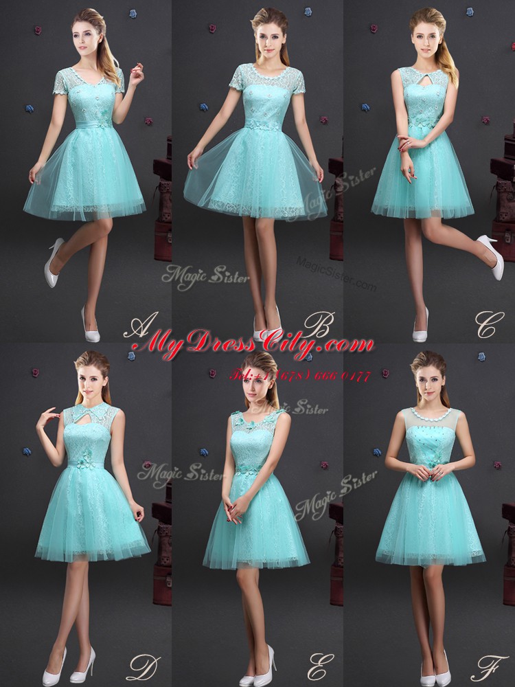 High End Aqua Blue A-line Tulle High-neck Sleeveless Lace and Appliques and Belt Mini Length Lace Up Bridesmaids Dress