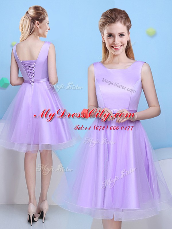 Scoop Sleeveless Tulle Knee Length Lace Up Bridesmaids Dress in Lavender with Bowknot