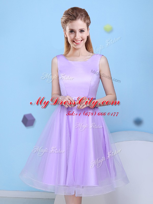 Scoop Sleeveless Tulle Knee Length Lace Up Bridesmaids Dress in Lavender with Bowknot