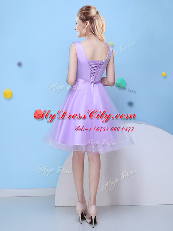 Scoop Sleeveless Tulle Knee Length Lace Up Bridesmaids Dress in Lavender with Bowknot