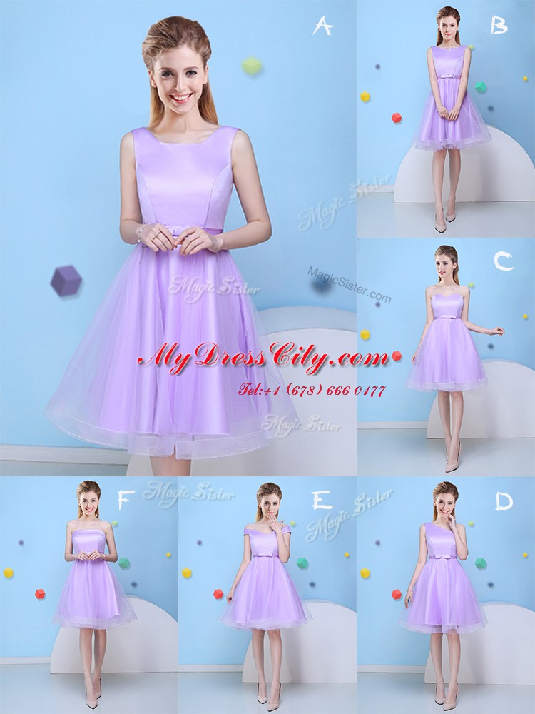 Scoop Sleeveless Tulle Knee Length Lace Up Bridesmaids Dress in Lavender with Bowknot