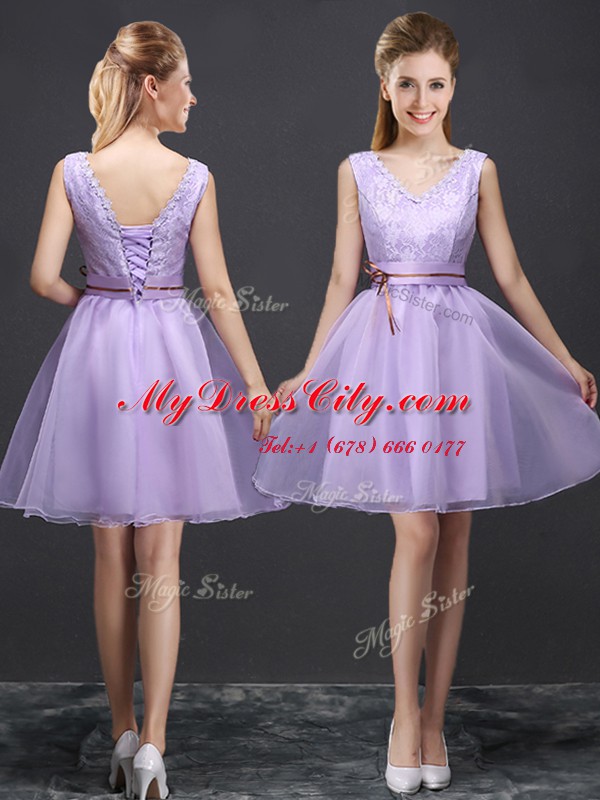 Attractive Lavender A-line V-neck Sleeveless Organza Mini Length Lace Up Lace and Appliques and Belt Bridesmaid Gown