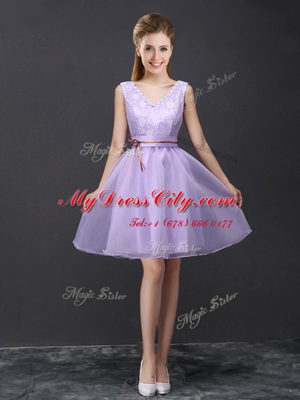 Attractive Lavender A-line V-neck Sleeveless Organza Mini Length Lace Up Lace and Appliques and Belt Bridesmaid Gown