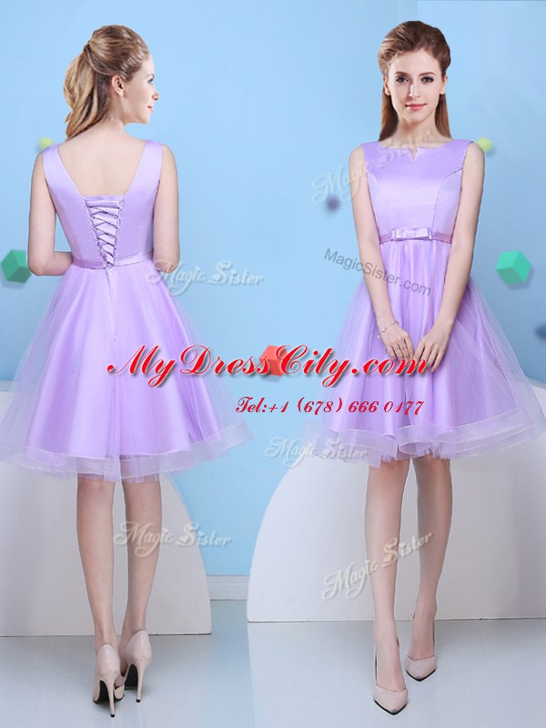 Fashion Lavender A-line Tulle Scoop Sleeveless Bowknot Knee Length Lace Up Bridesmaid Dress