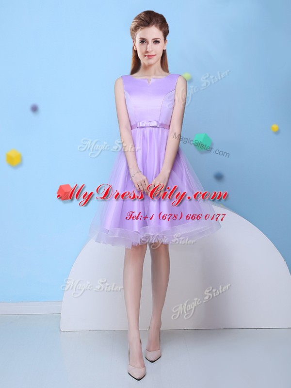 Fashion Lavender A-line Tulle Scoop Sleeveless Bowknot Knee Length Lace Up Bridesmaid Dress