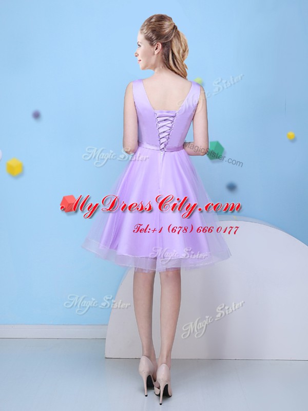 Fashion Lavender A-line Tulle Scoop Sleeveless Bowknot Knee Length Lace Up Bridesmaid Dress