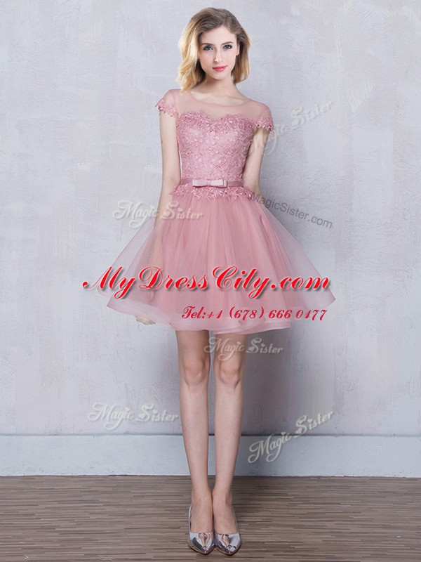 Scoop Mini Length Pink Quinceanera Court of Honor Dress Tulle Short Sleeves Lace and Appliques and Belt