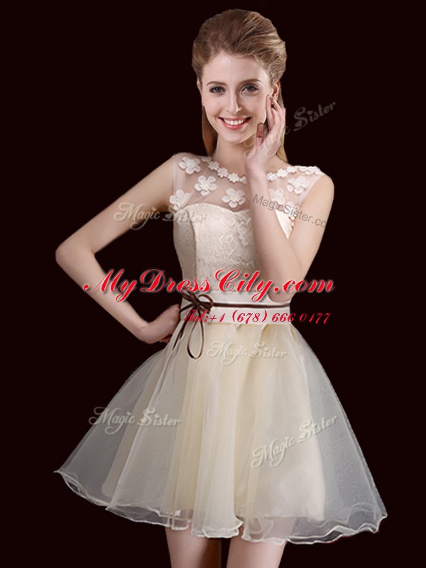 Scoop Champagne A-line Lace Wedding Party Dress Lace Up Organza Sleeveless Mini Length