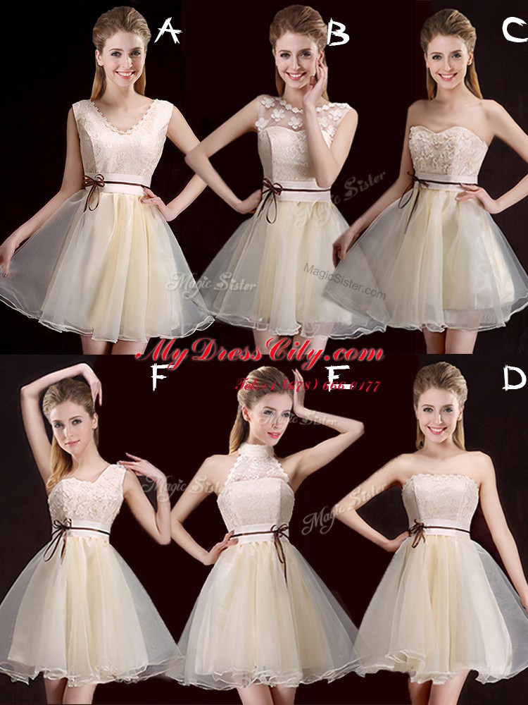 Scoop Champagne A-line Lace Wedding Party Dress Lace Up Organza Sleeveless Mini Length